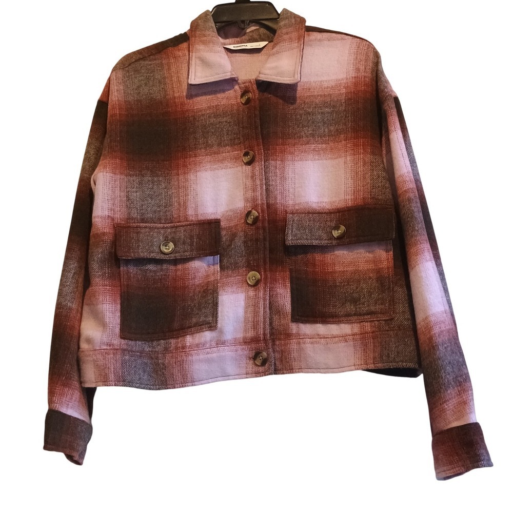 Sonoma L‎ Cropped Shacket Jacket Plaid Flannel Wool Feel Red Pink Brown Button